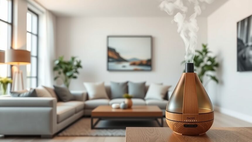 Ultrahangos diffúzor idilli otthoni környezetben, kellemes illatot árasztva.