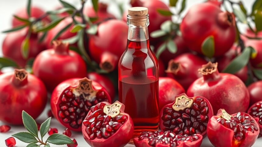 Gránátalma kivonat üvegpalack és friss gránátalmák