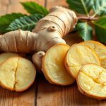 Friss gyömbér gyökér és szeletei fás felületen.