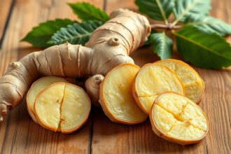 Friss gyömbér gyökér és szeletei fás felületen.