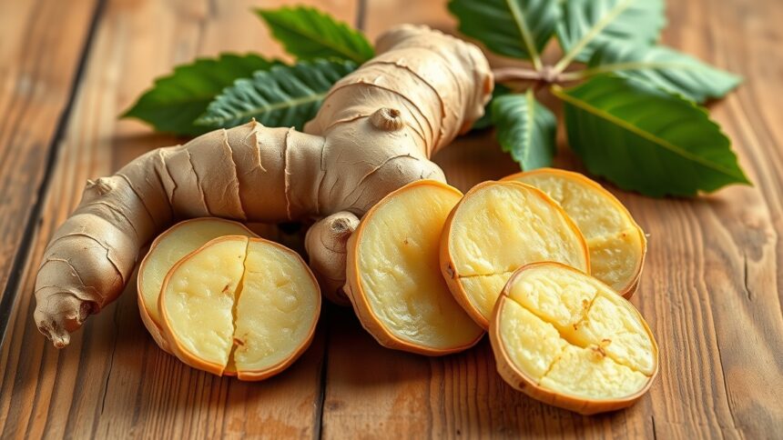 Friss gyömbér gyökér és szeletei fás felületen.