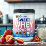 Egészséges édes tejsavópor gyümölcsökkel és tejjel a konyhában.