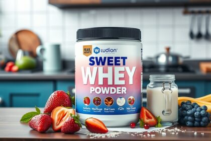 Egészséges édes tejsavópor gyümölcsökkel és tejjel a konyhában.