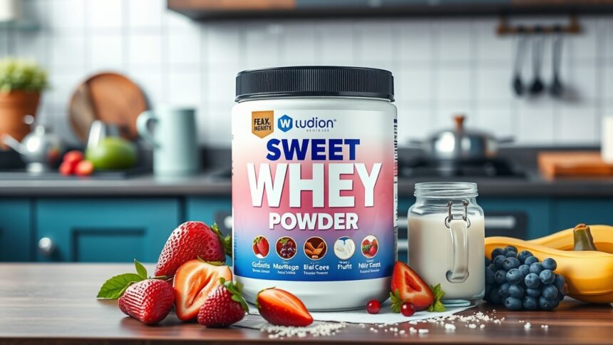 Egészséges édes tejsavópor gyümölcsökkel és tejjel a konyhában.