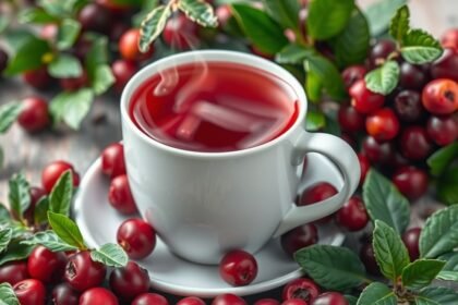 Tőzegáfonya tea gőzölög egy fehér csészében, bogyócskákkal körülvéve.