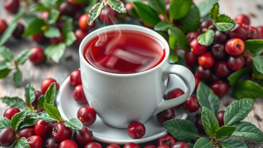 Tőzegáfonya tea gőzölög egy fehér csészében, bogyócskákkal körülvéve.