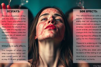 A woman with painted face highlighting ecstasy effects and risks.