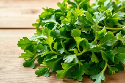 Friss rukkola levelek egy fából készült asztalon