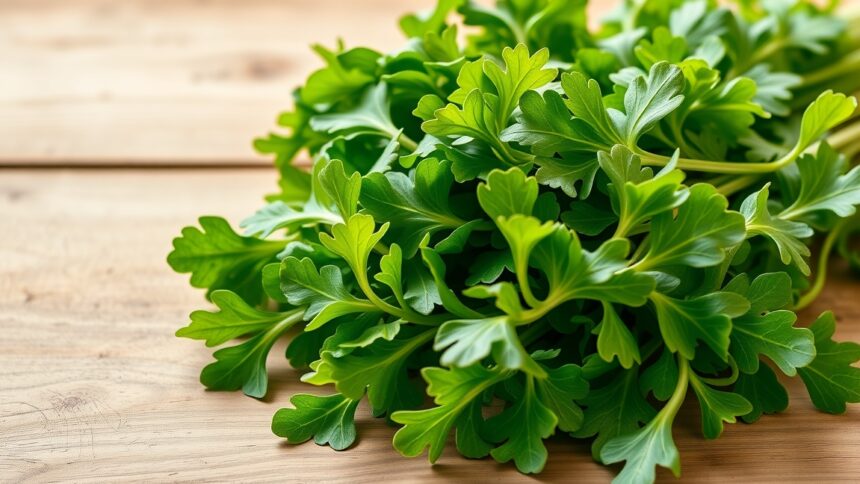 Friss rukkola levelek egy fából készült asztalon