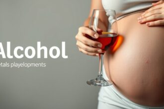 Terhes nő, aki alkoholt tart a kezében, figyelmeztetés a születési rendellenességekre.