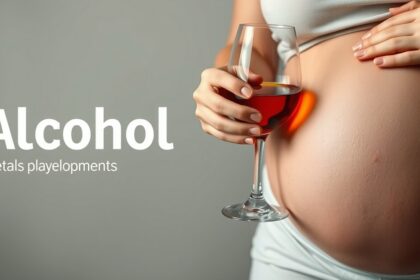 Terhes nő, aki alkoholt tart a kezében, figyelmeztetés a születési rendellenességekre.