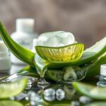 Aloe vera levelek és bőrápoló termékek elhelyezve egy tükörsima felületen.