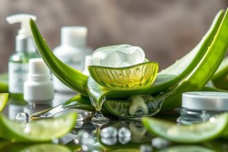 Aloe vera levelek és bőrápoló termékek elhelyezve egy tükörsima felületen.