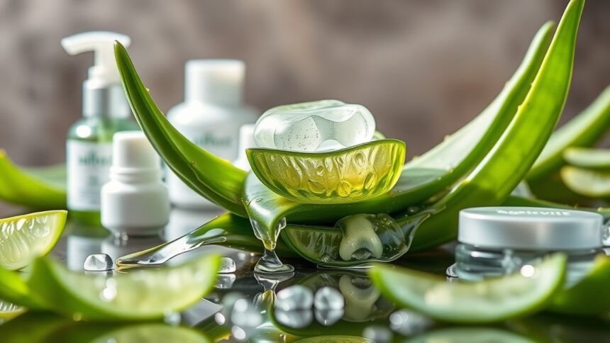 Aloe vera levelek és bőrápoló termékek elhelyezve egy tükörsima felületen.