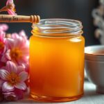 Méz és tea, természetes köhögéscsillapító, virágokkal körülvéve.