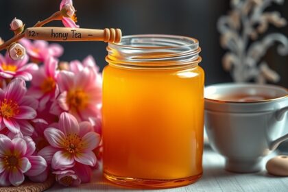 Méz és tea, természetes köhögéscsillapító, virágokkal körülvéve.