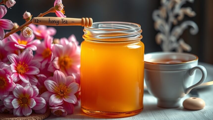 Méz és tea, természetes köhögéscsillapító, virágokkal körülvéve.