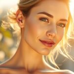 Fiatal nő ragyogó bőrrel, virágokkal a háttérben