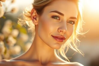 Fiatal nő ragyogó bőrrel, virágokkal a háttérben