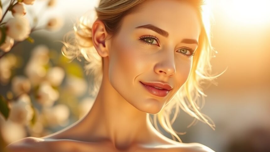 Fiatal nő ragyogó bőrrel, virágokkal a háttérben