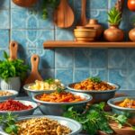 Indiai ételek friss fűszerekkel és alapanyagokkal a konyhában