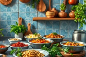 Indiai ételek friss fűszerekkel és alapanyagokkal a konyhában