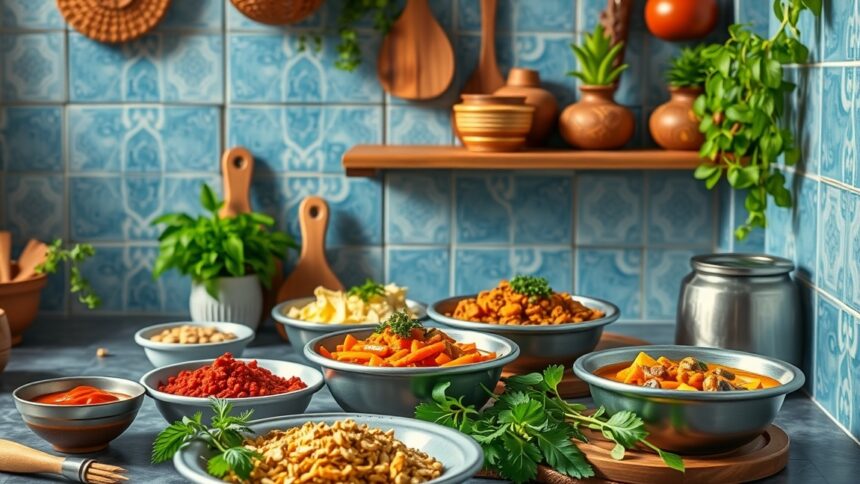 Indiai ételek friss fűszerekkel és alapanyagokkal a konyhában