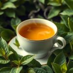 Egy csésze Mecsek Baby Tea gyógynövényes tea zöld levelek között