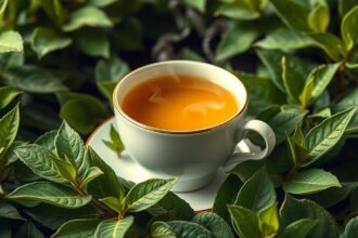 Egy csésze Mecsek Baby Tea gyógynövényes tea zöld levelek között