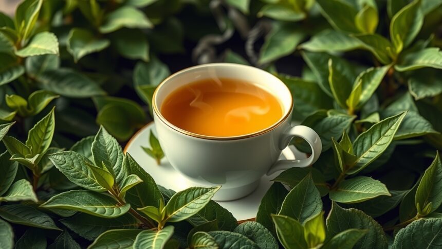 Egy csésze Mecsek Baby Tea gyógynövényes tea zöld levelek között