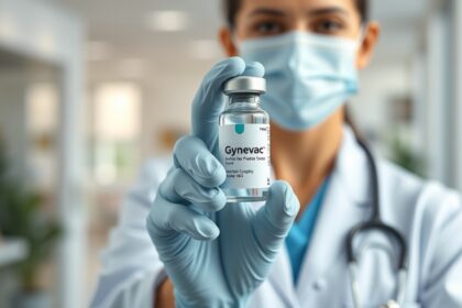 Gynevac készítmény az orvos kezében, női egészség támogatására.