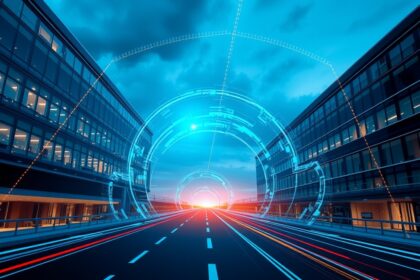 Digitális alagút városi környezetben, amely biztonságos kapcsolatot szimbolizál.