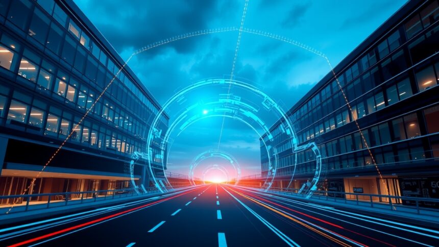 Digitális alagút városi környezetben, amely biztonságos kapcsolatot szimbolizál.