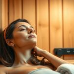 Nő az infraszaunában, élvezve a relaxációt és a bőrfelület javulását.