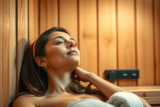 Nő az infraszaunában, élvezve a relaxációt és a bőrfelület javulását.