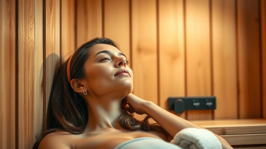 Nő az infraszaunában, élvezve a relaxációt és a bőrfelület javulását.