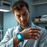 A tudós hologramos karkötőt vizsgál laboratóriumi környezetben.