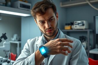 A tudós hologramos karkötőt vizsgál laboratóriumi környezetben.