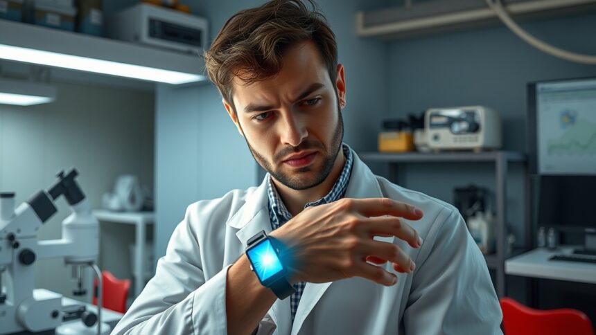 A tudós hologramos karkötőt vizsgál laboratóriumi környezetben.