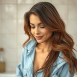 Fiatal nő ecetes hajöblítést végez, egészséges, fényes hajjal.