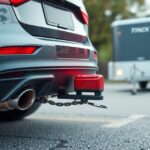 Vonóhorog visszajelző egy vontató jármű hátulján, trailerrel