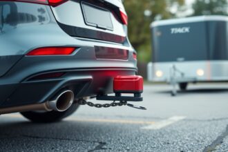 Vonóhorog visszajelző egy vontató jármű hátulján, trailerrel