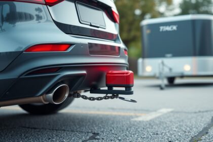 Vonóhorog visszajelző egy vontató jármű hátulján, trailerrel