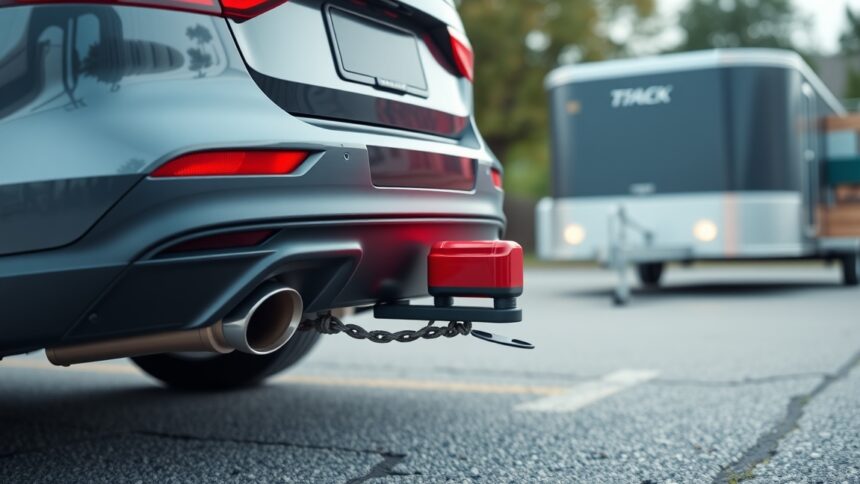 Vonóhorog visszajelző egy vontató jármű hátulján, trailerrel