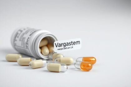 Vargastem kapszula a földön, gyógyszeres üveg mellett.