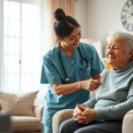 Otthonápolási szolgálat, egy ápoló és egy idős nő interakciója egy otthoni környezetben.
