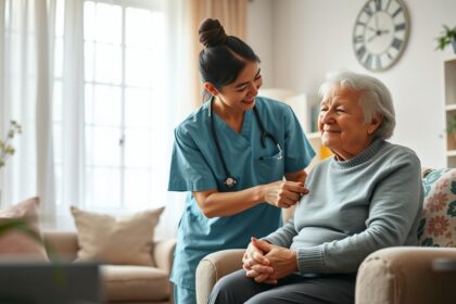 Otthonápolási szolgálat, egy ápoló és egy idős nő interakciója egy otthoni környezetben.