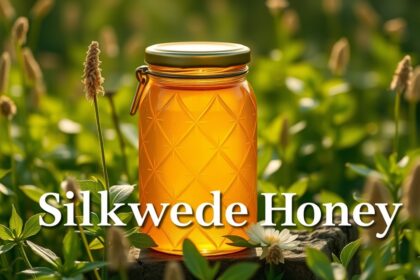 Selyemfű méz üvegben, zöld háttérrel