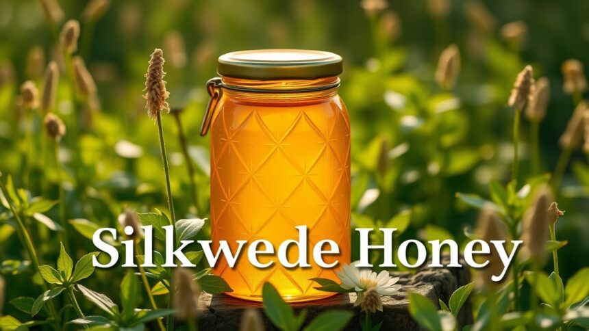 Selyemfű méz üvegben, zöld háttérrel