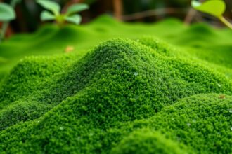 Zöld spirulina alga tápanyagokban gazdag növényekkel.